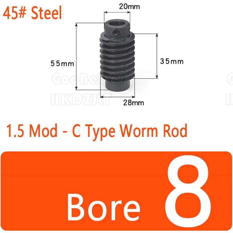 Mod 1.5 Worm Gear Wheel Brass 22 Tooth Worm Shaft Steel C45 Bore 8 mm - 15 mm
