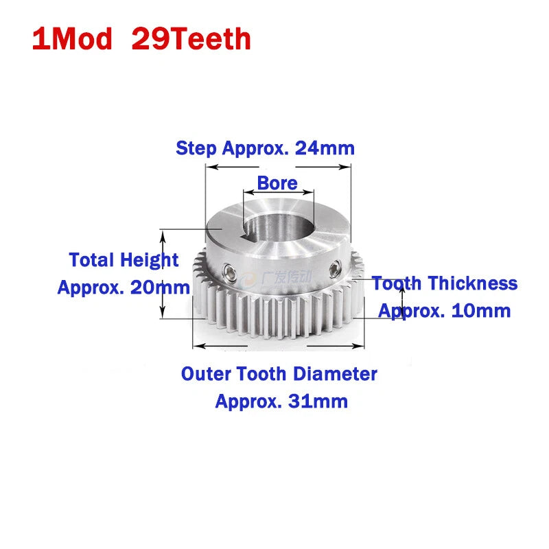 1 Module Stainless Steel Spur Gears 20-50 Teeth Pinion Motor Gear Keyway Hole