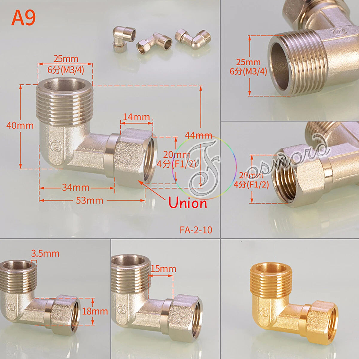 3/4" - 1/2" BSP Brass Pipe Fittings – Elbow 90°, Tee & Union Coupler, Male & Female Thread