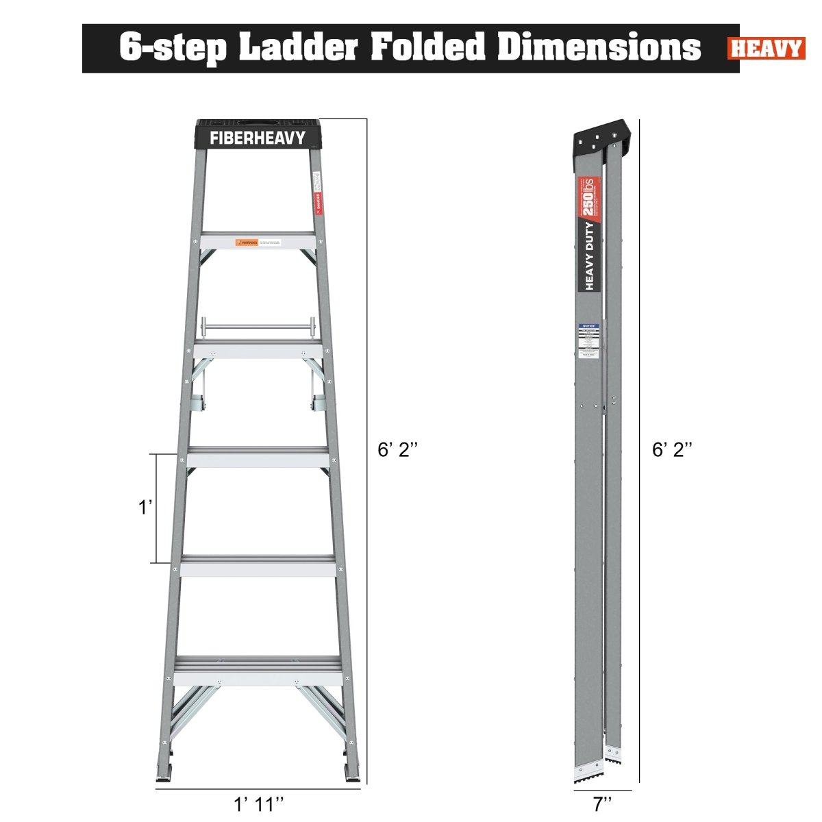 Fiberglass Step Ladder 6 - Step 250lbs Gray - HomeDIYer