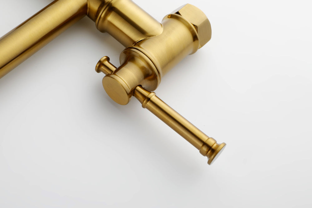 Wall Mounted Pot Filler Faucet – Brushed Gold, Two-Attachment Folding Swing Arm, Dual Handle, Solid Brass