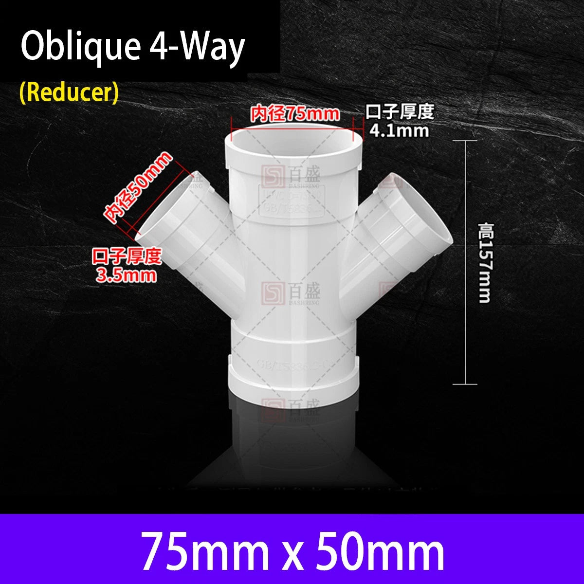PVC 4-Way Oblique Equal Reducer Drainage Pipe Connectors Tube Fittings Adapters