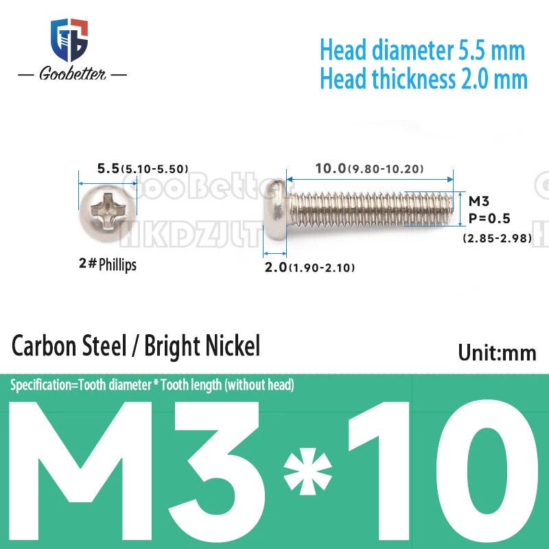 M3 Phillips Round Pan Head Machine Screws — Carbon Steel, 4–30mm, 100–500 PCS - HomeDIYer