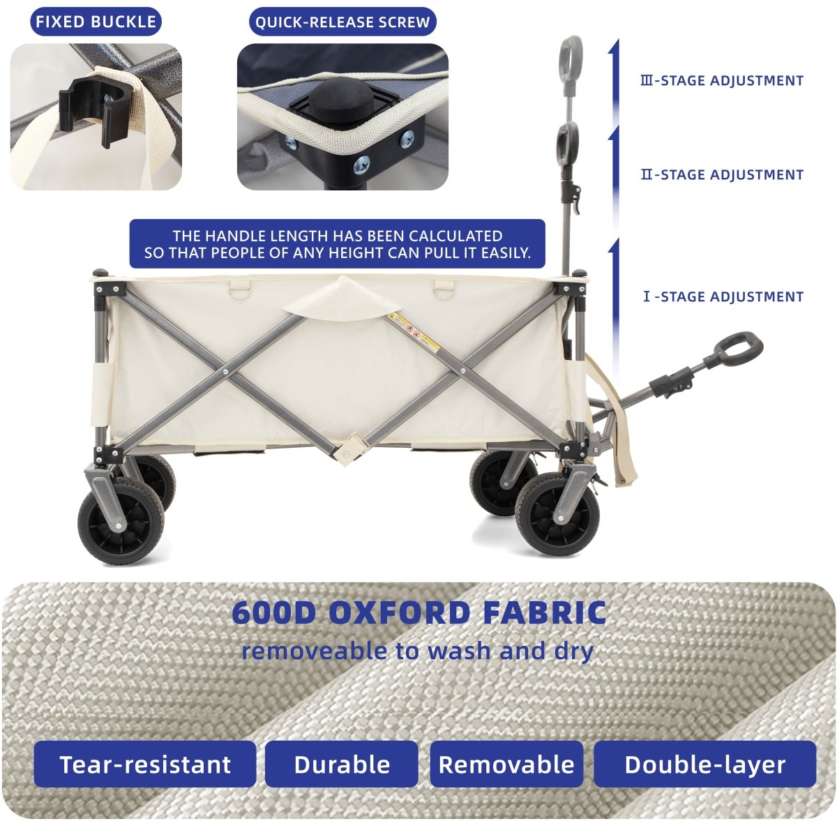 Folding Wagon, Heavy Duty Utility Beach Wagon Cart for Sand with Big Wheels wagon is made of strong steel frame and 600D Oxford fabric - HomeDIYer