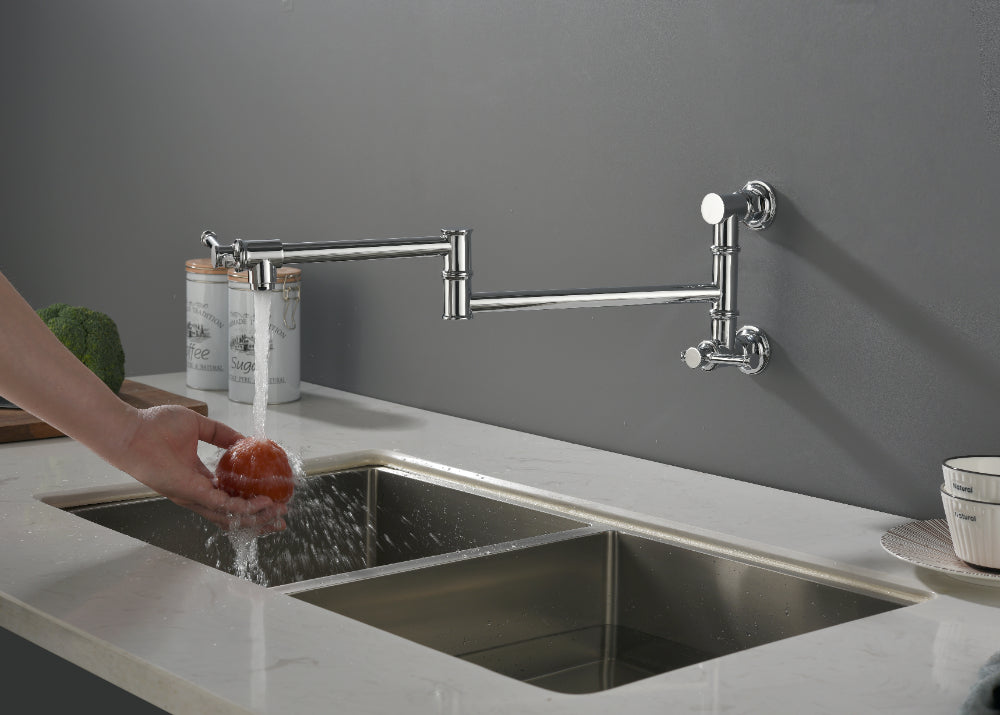 Wall Mounted Pot Filler Faucet – Chrome, Two-Attachment Folding Swing Arm, Dual Handle, Solid Brass