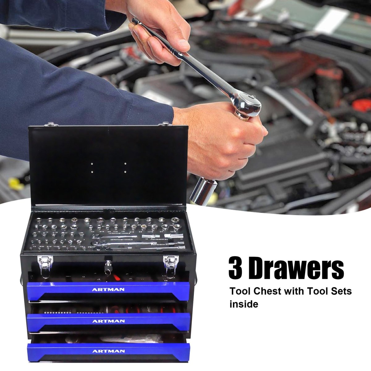 20'' Portable 3 - Drawer Steel Toolbox, 4 Layers of Tools with Metal Latches, with Top Storage Tray and carrying Handle, Multi - Function Tool Storage for Garage, Home, or Workbench ,Black&Blue - HomeDIYer