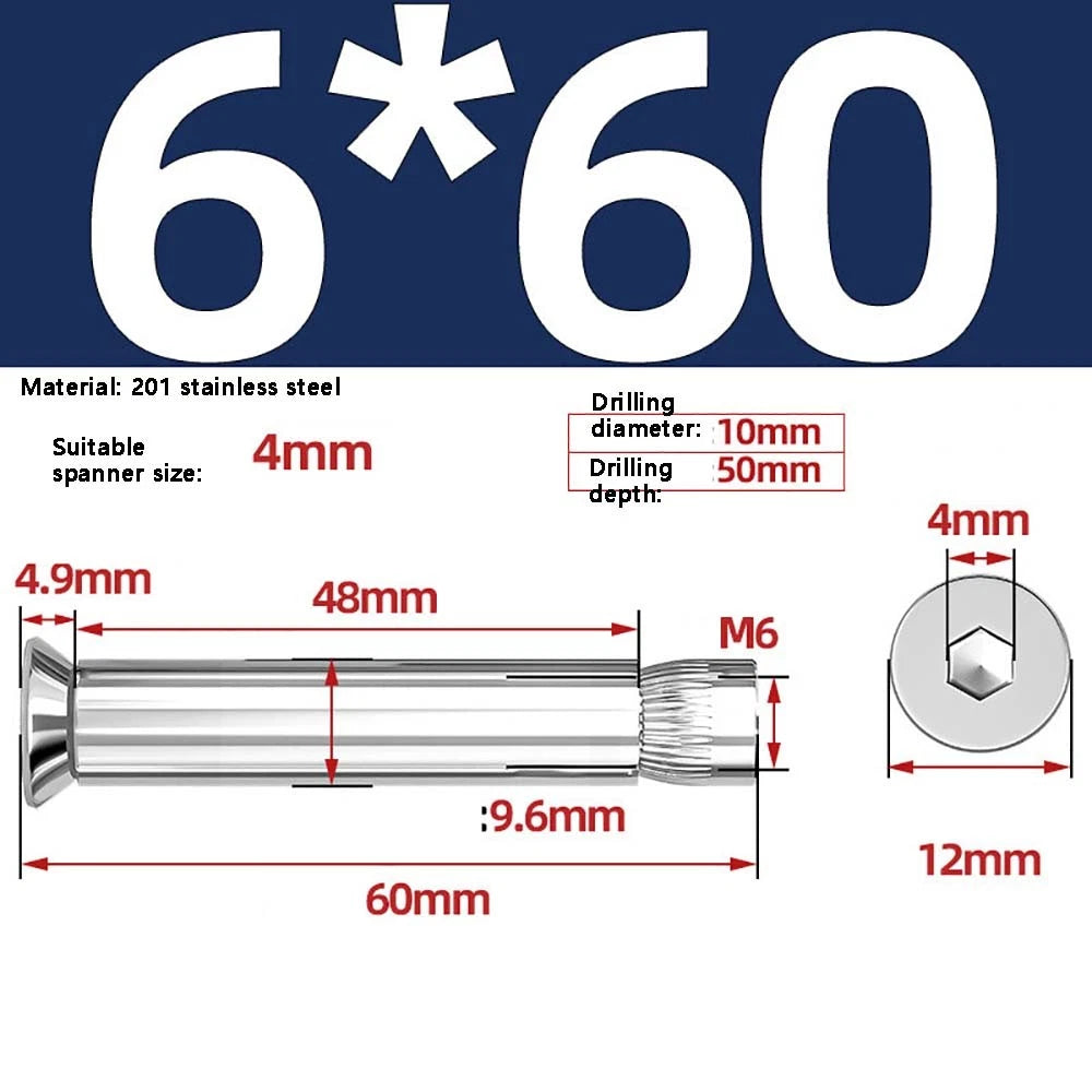 M6–M12 Countersunk Expansion Bolts | 201 Stainless Steel Hex Socket Sleeve Anchors