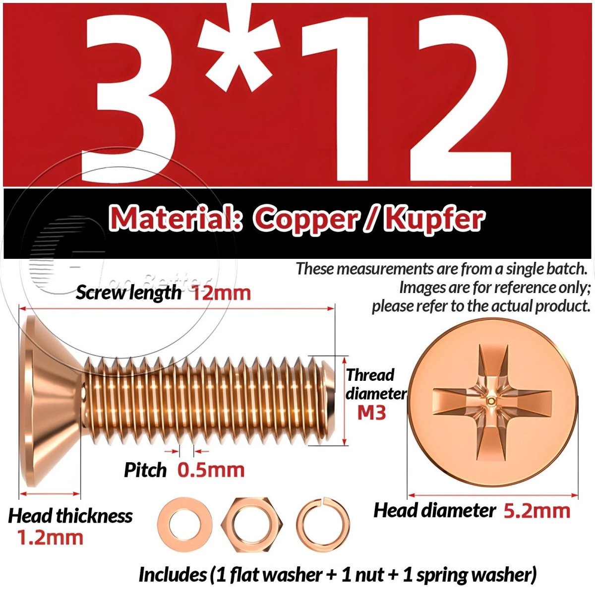 T2 Copper Pozi Countersunk Machine Screws with Flat Washer & Nut | M3–M10 - HomeDIYer