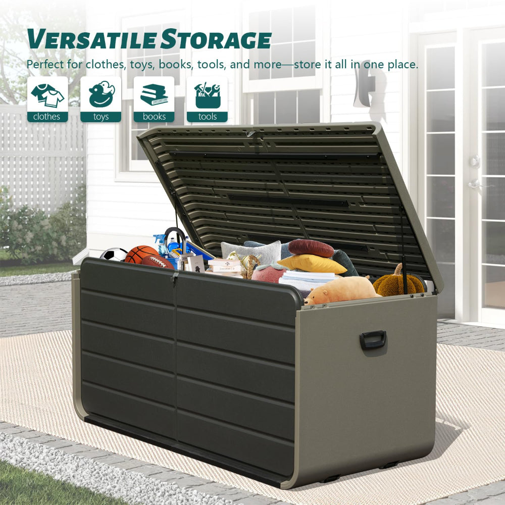 200 Gallon Plastic Deck Box – Waterproof Outdoor Storage Bench with Wheels & Hydraulic Lid, Gray