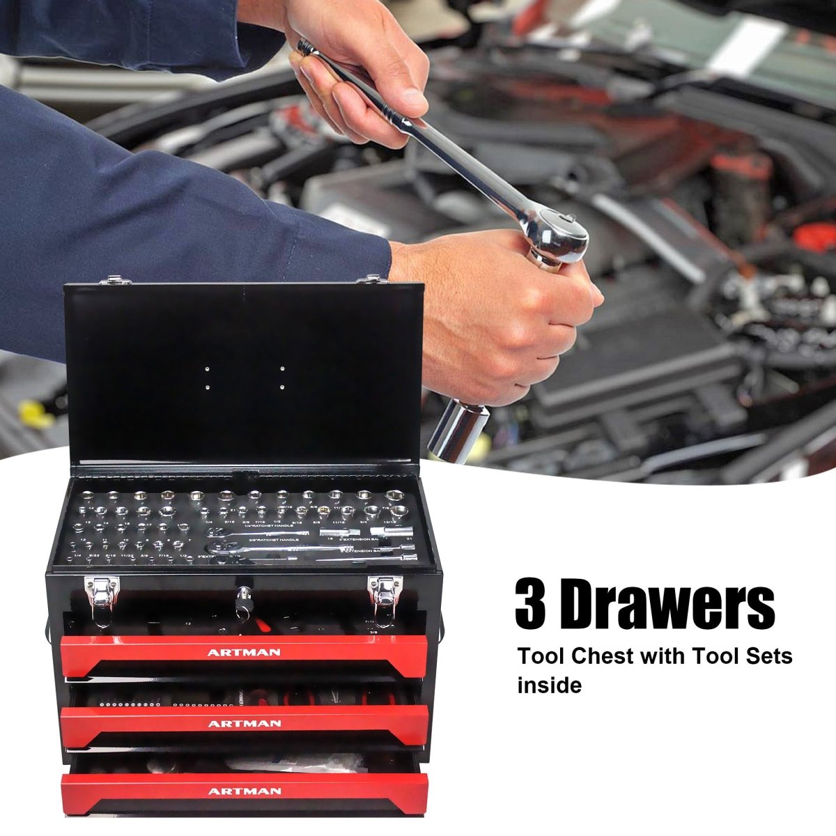 20'' Portable 3 - Drawer Steel Toolbox, 4 Layers of Tools with Metal Latches, with Top Storage Tray and carrying Handle, Multi - Function Tool Storage for Garage, Home, or Workbench ,Black&Red - HomeDIYer