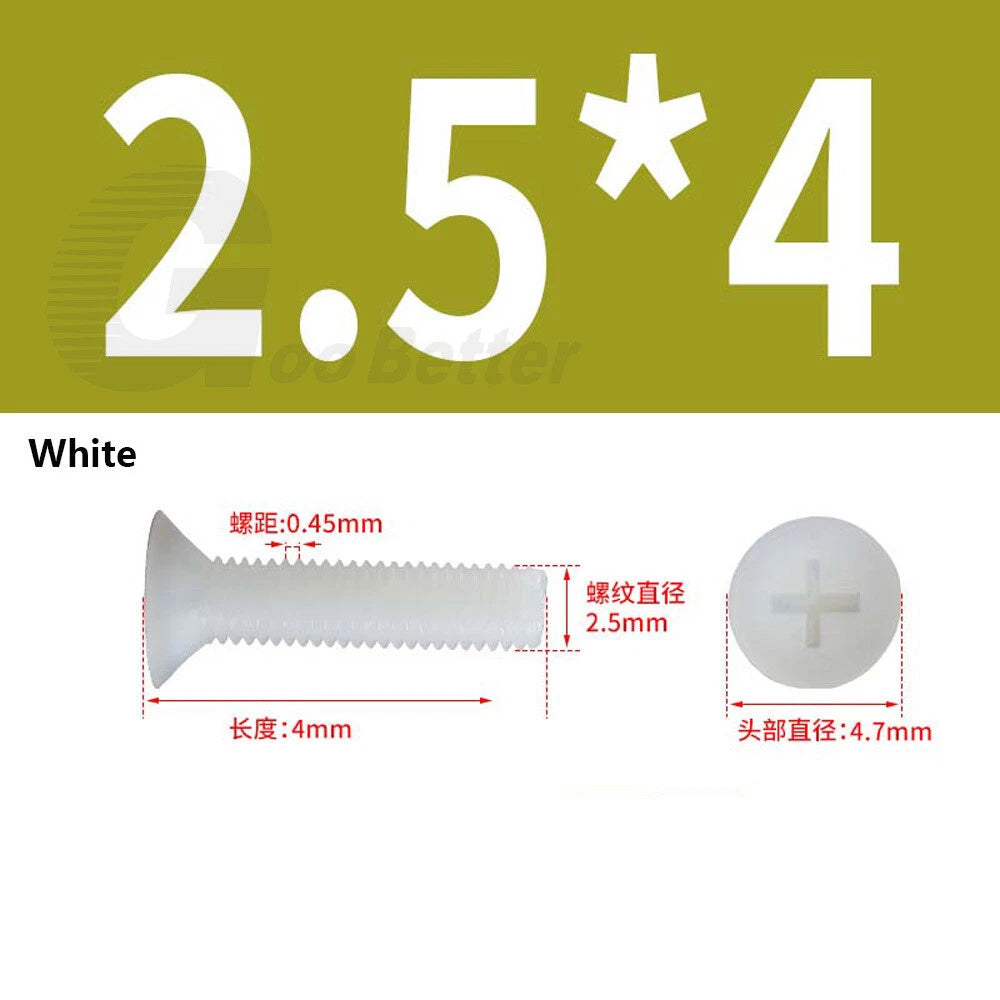 Nylon Phillips Countersunk Machine Screws – M2.5 M3 M4 M5 M6 M8, White or Black (5–40mm)