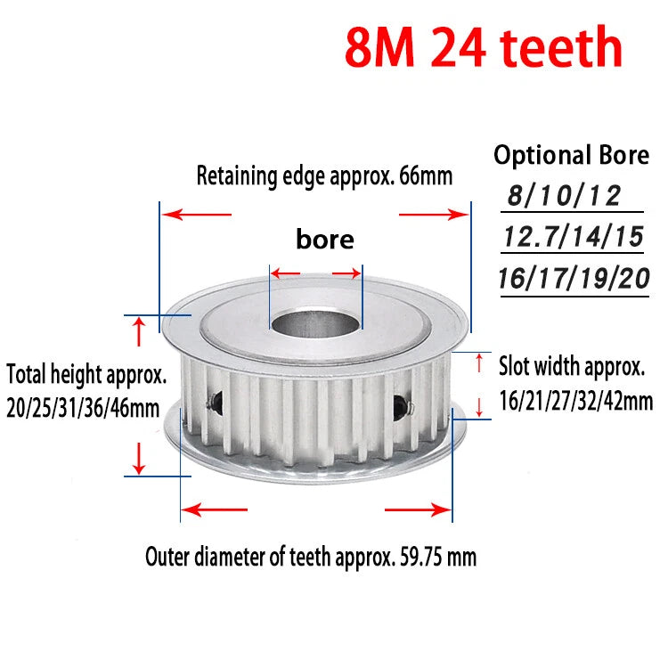 HTD 8M Timing Belt Pulley for 15-40mm Wide, Bore 8-25mm, 15-26T, CNC 3D Printer