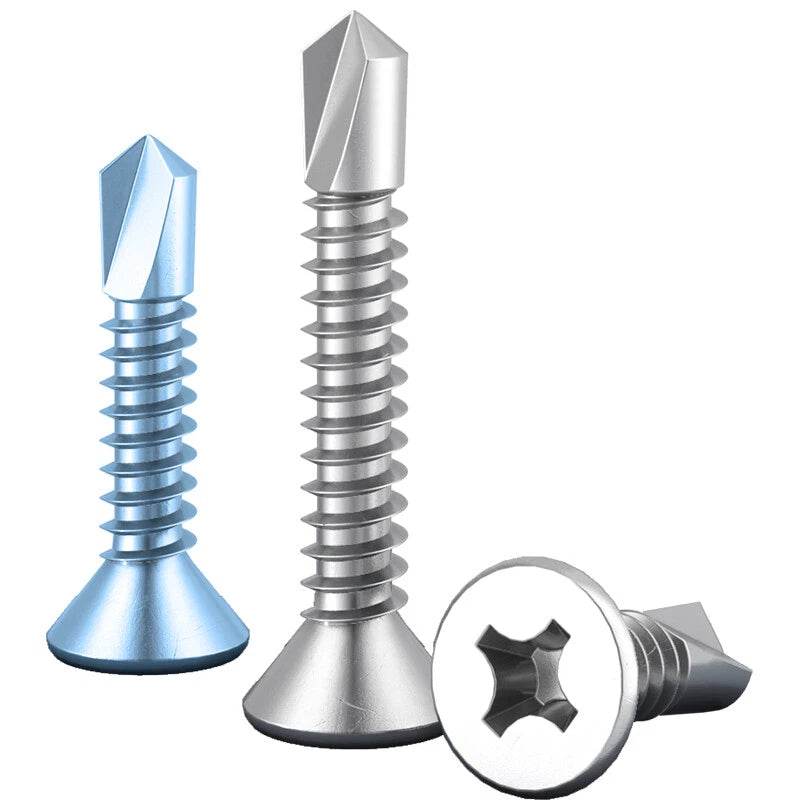 #6 #7 #8 #10 #12 #14 Flat Head Self Drilling Screws – 304/410 Stainless & Zinc Plated Steel