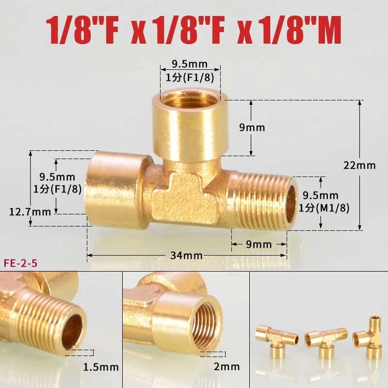 Brass BSP Tee Fitting 1/8" 1/4" 3/8" — Male Female Thread Pipe Connector