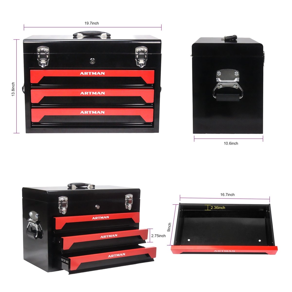 20'' Portable 3 - Drawer Steel Toolbox, 4 Layers of Tools with Metal Latches, with Top Storage Tray and carrying Handle, Multi - Function Tool Storage for Garage, Home, or Workbench ,Black&Red - HomeDIYer
