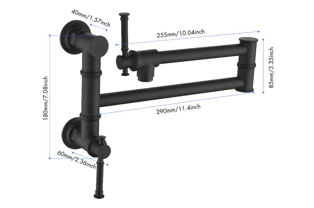 Wall Mounted Pot Filler Faucet – Matte Black, Two-Attachment Folding Swing Arm, Dual Handle, Solid Brass