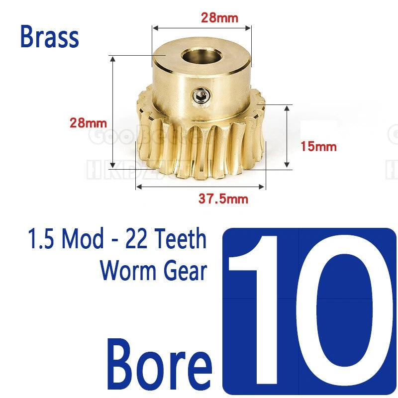 Mod 1.5 Worm Gear Wheel Brass 22 Tooth Worm Shaft Steel C45 Bore 8 mm - 15 mm