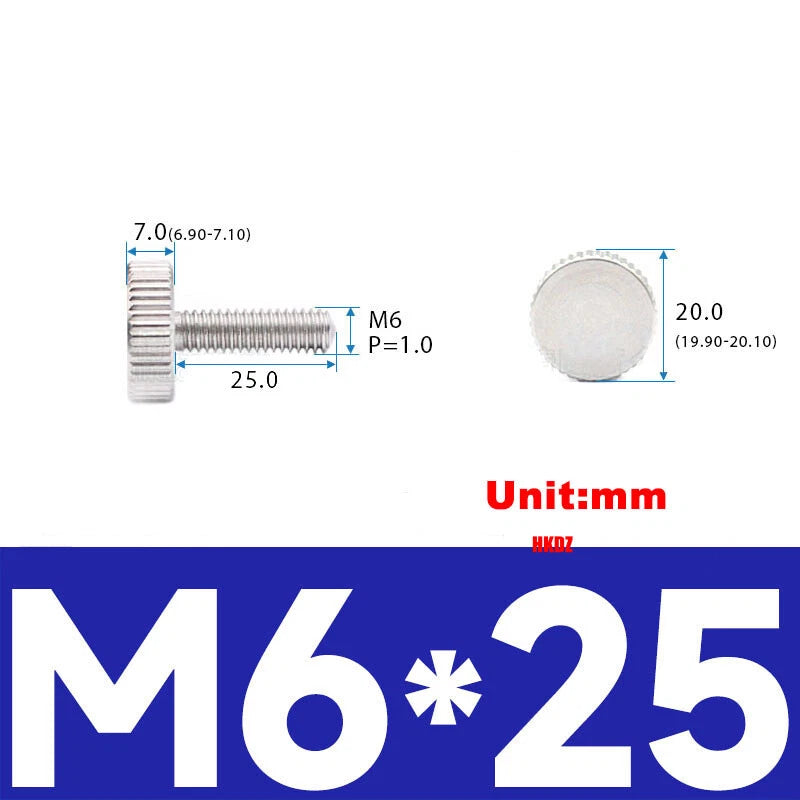 303 Stainless Steel Knurled Flat Head Thumb Screws M6x25 30 35mm Hand Screw Bolt