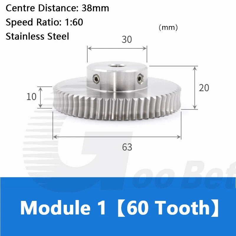Module 1 Worm Shaft Worm Gear Wheel Stainless Steel 15 to 60 Tooth Precision 304