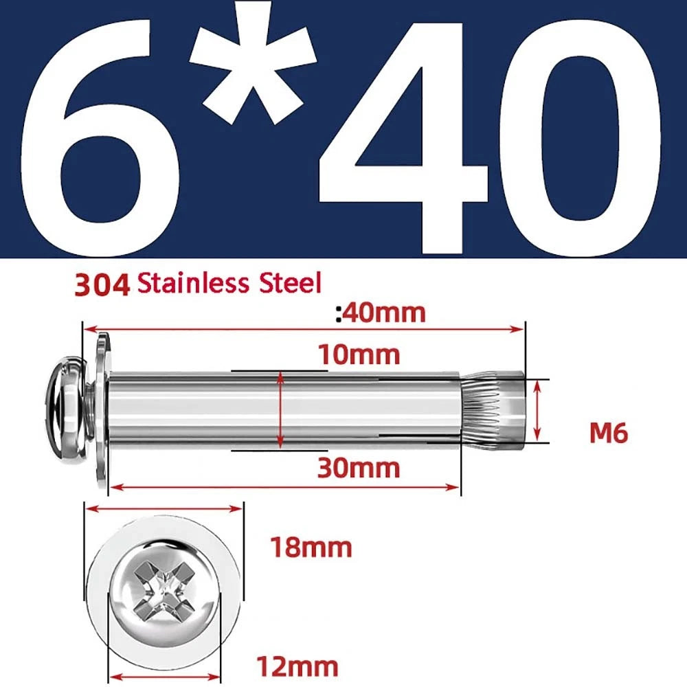 M6 M8 M10 Stainless Steel Expansion Screws — Round Head Phillips Drive, 40–100mm