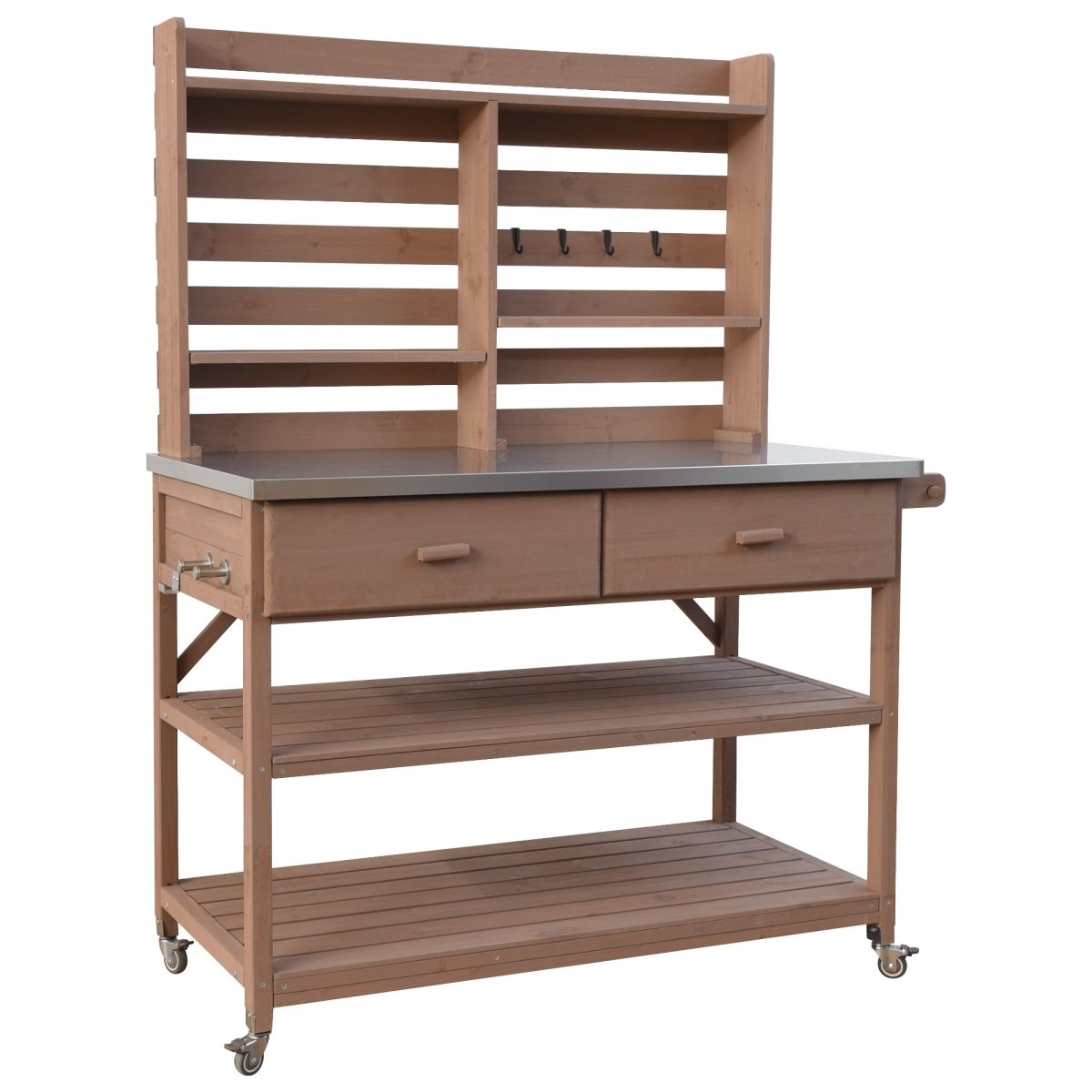64.9"H Outdoor Potting Bench Table with Lockable Wheels, Solid Wood Outdoor Kitchen Island with Upper Hutch, Stainless Steel Top, Towel Rack ,Outdoor Storage for Grilling, Lawn Garden - Brown - HomeDIYer