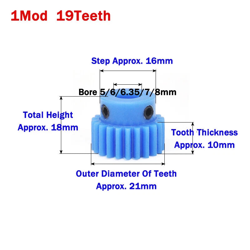 1 Mod Blue Nylon Spur Gear 16-50T Bore 4-20mm Pinion Gear Motor Gear With Step