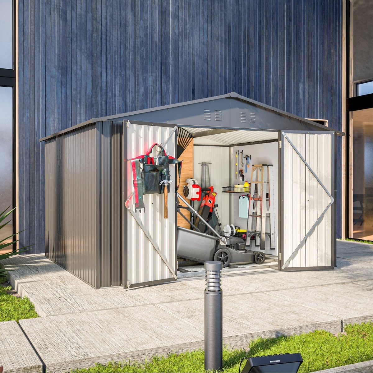 10X8 FT Outdoor Storage Shed, All Weather Metal Sheds with Lockable Doors, Tool Shed for Garden, Patio, Backyard, Lawn, Black - HomeDIYer