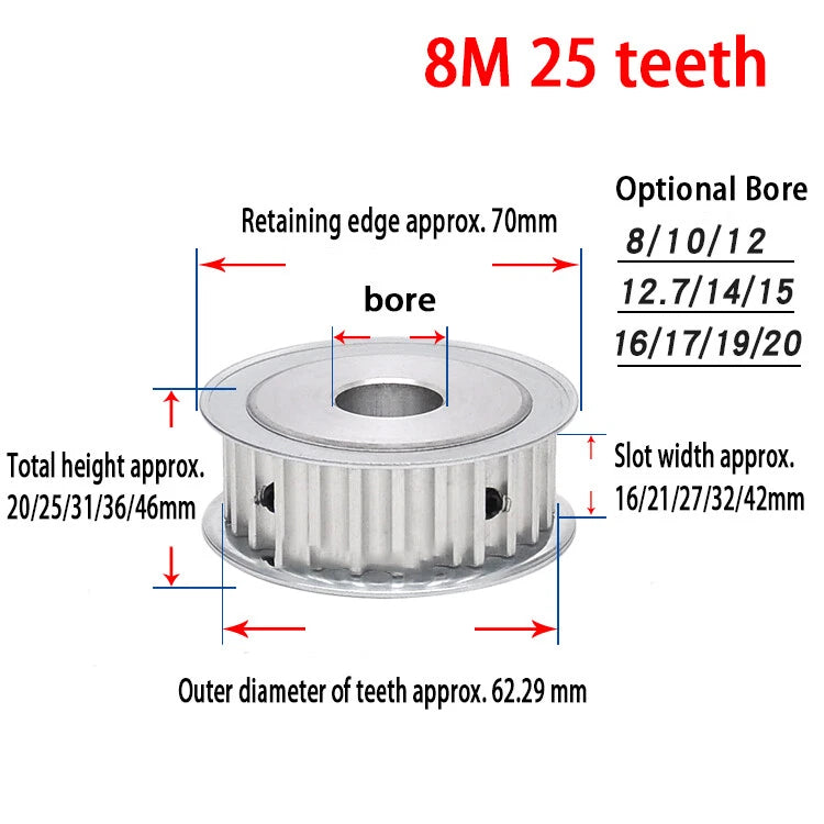 HTD 8M Timing Belt Pulley for 15-40mm Wide, Bore 8-25mm, 15-26T, CNC 3D Printer
