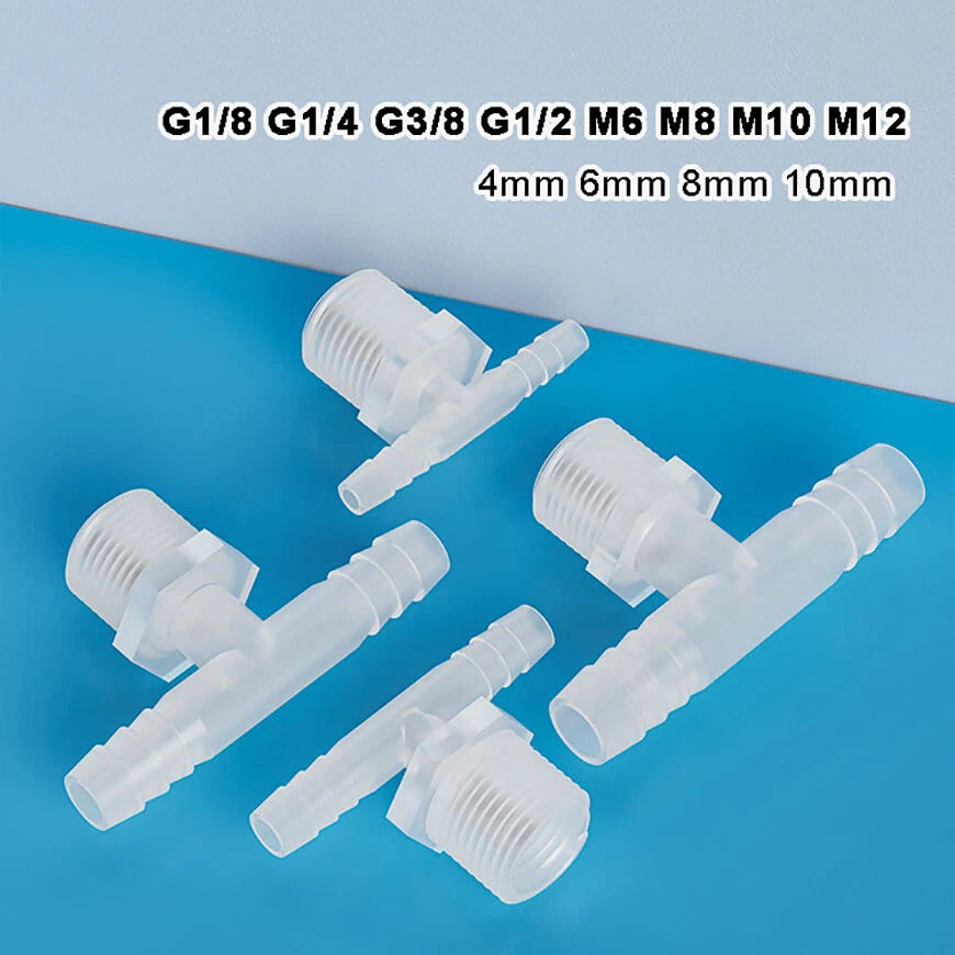 Plastic T Joiner Barbed X Male Thread Hose Connector Pipe Fittings Air Water