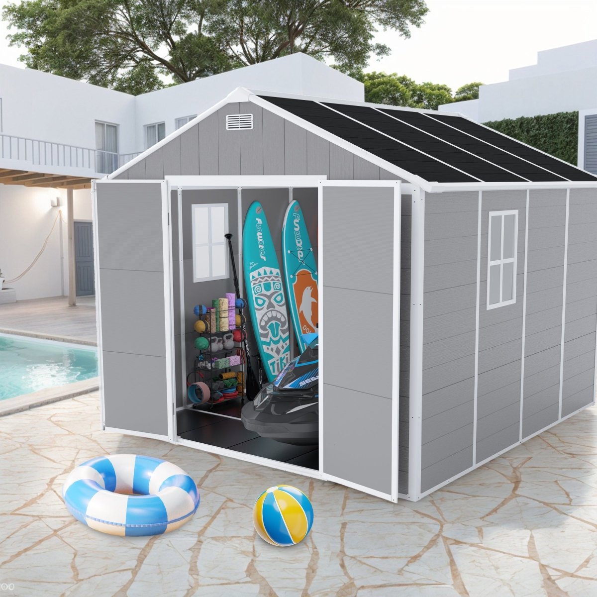8x8 ft Resin Storage Shed, High Quality Pp Material, Strong Structure, Waterproof, Rust And Uv Proof, Large Storage Space, 12mm Thick Pp Board, Hd Window Lighting - HomeDIYer