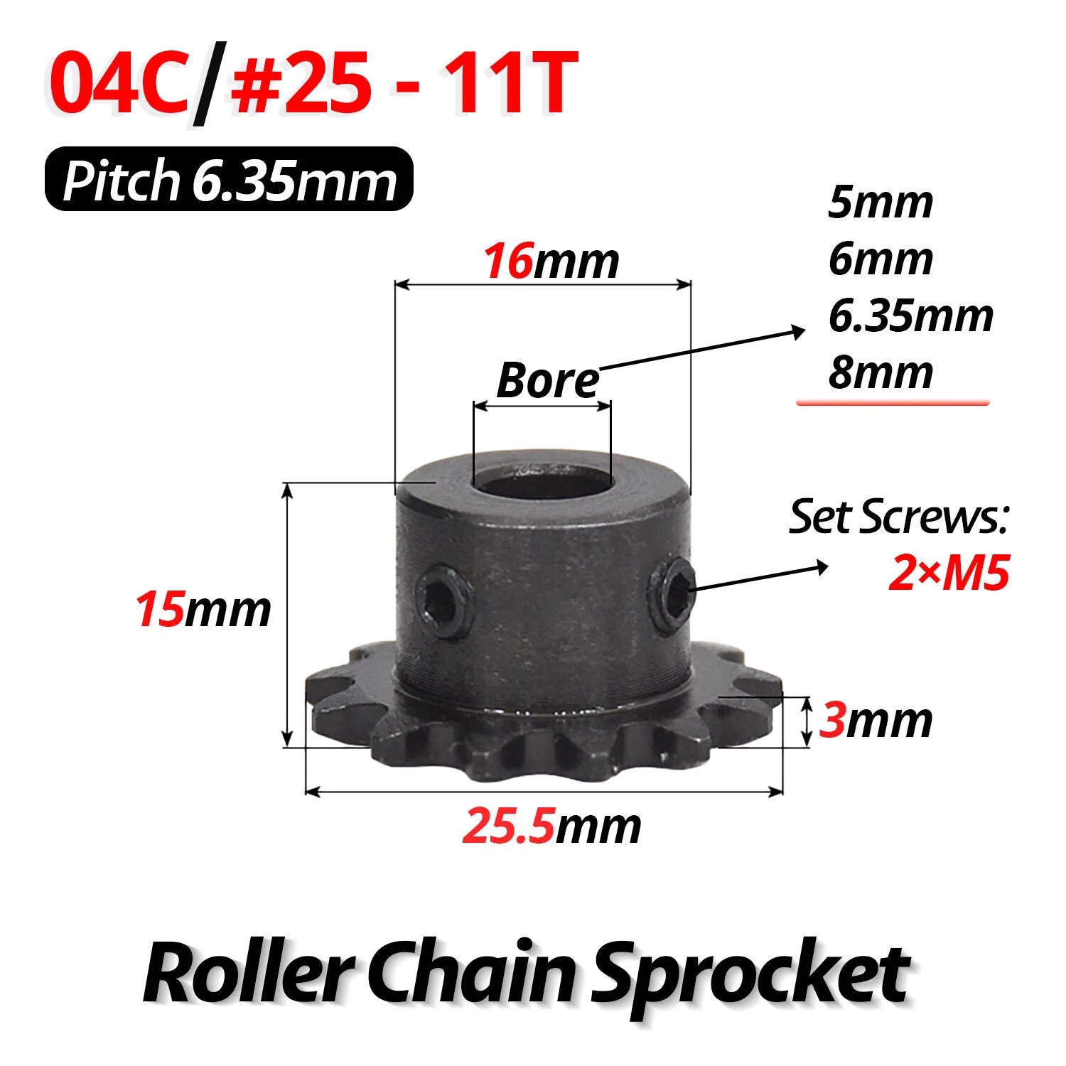 #25 Roller Chain Sprocket 04C 9T-40T Tooth Bore 5mm-20mm Pitch 6.35mm (1/4 inch)