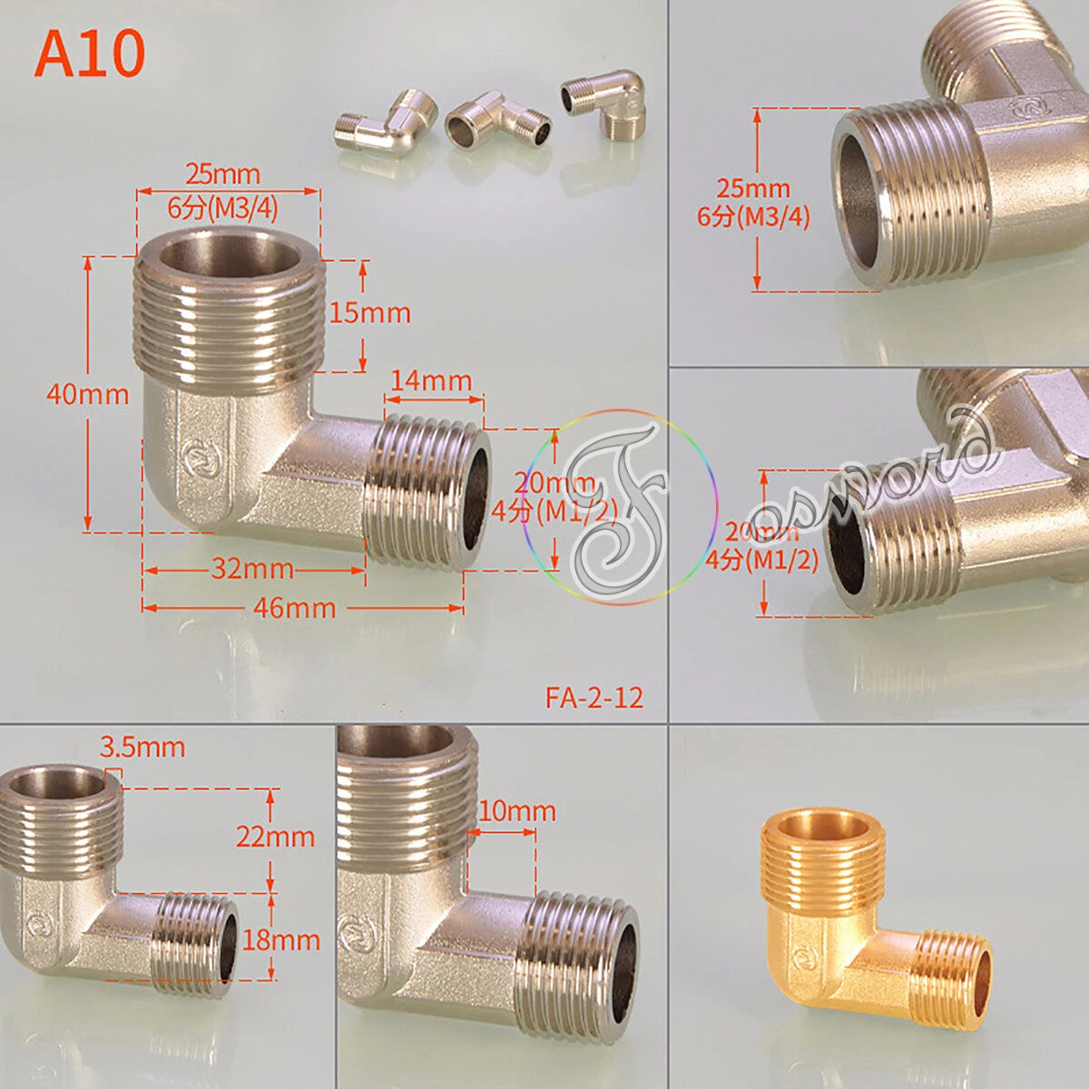 3/4" - 1/2" BSP Brass Pipe Fittings – Elbow 90°, Tee & Union Coupler, Male & Female Thread