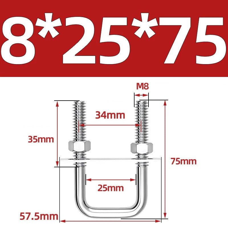 M8 Square U - Bolts Stainless Steel A2 with Plates and Nuts — Multiple Sizes - HomeDIYer