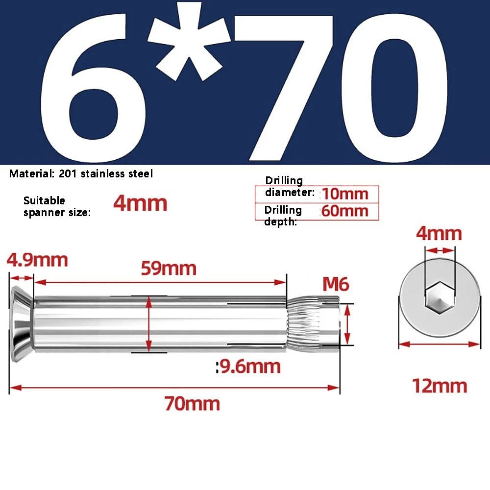 M6–M12 Countersunk Expansion Bolts | 201 Stainless Steel Hex Socket Sleeve Anchors