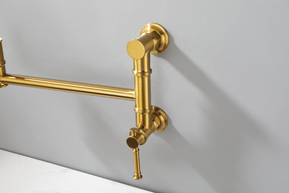 Wall Mounted Pot Filler Faucet – Brushed Gold, Two-Attachment Folding Swing Arm, Dual Handle, Solid Brass