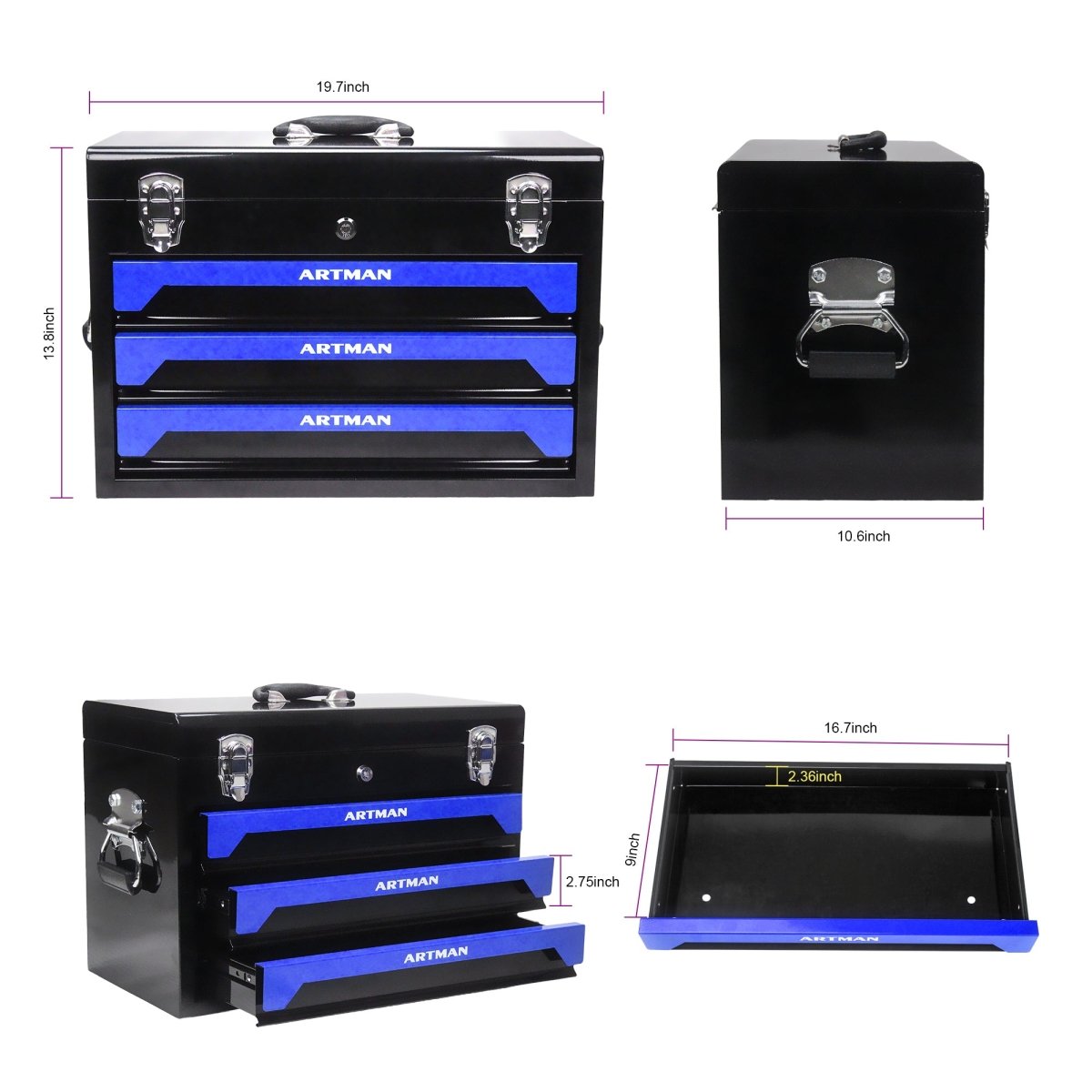 20'' Portable 3 - Drawer Steel Toolbox, 4 Layers of Tools with Metal Latches, with Top Storage Tray and carrying Handle, Multi - Function Tool Storage for Garage, Home, or Workbench ,Black&Blue - HomeDIYer