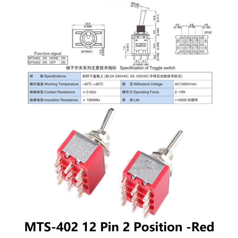 MTS Series Toggle Switch 3–12 Pin | On-On / On-Off-On | Blue & Red