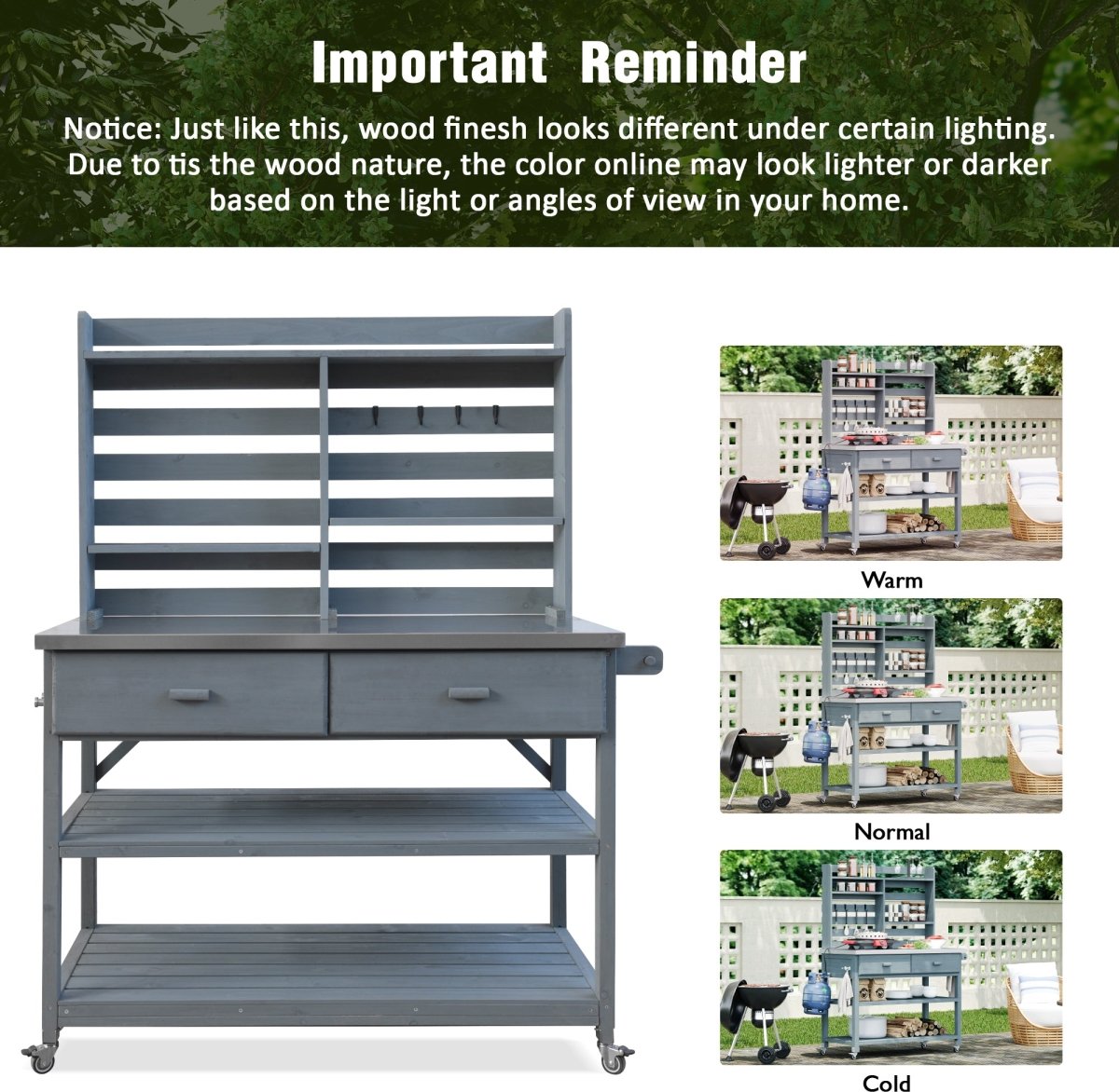 64.9"H Outdoor Potting Bench Table with Lockable Wheels, Solid Wood Outdoor Kitchen Island with Upper Hutch, Stainless Steel Top, Towel Rack ,Outdoor Storage for Grilling, Lawn Garden - Grey Blue - HomeDIYer