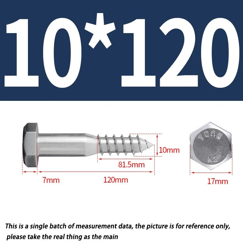 M10 10mm A2 STAINLESS STEEL SCREWS HEX HEAD LAG BOLTS WOOD SCREW BOLT DIN571