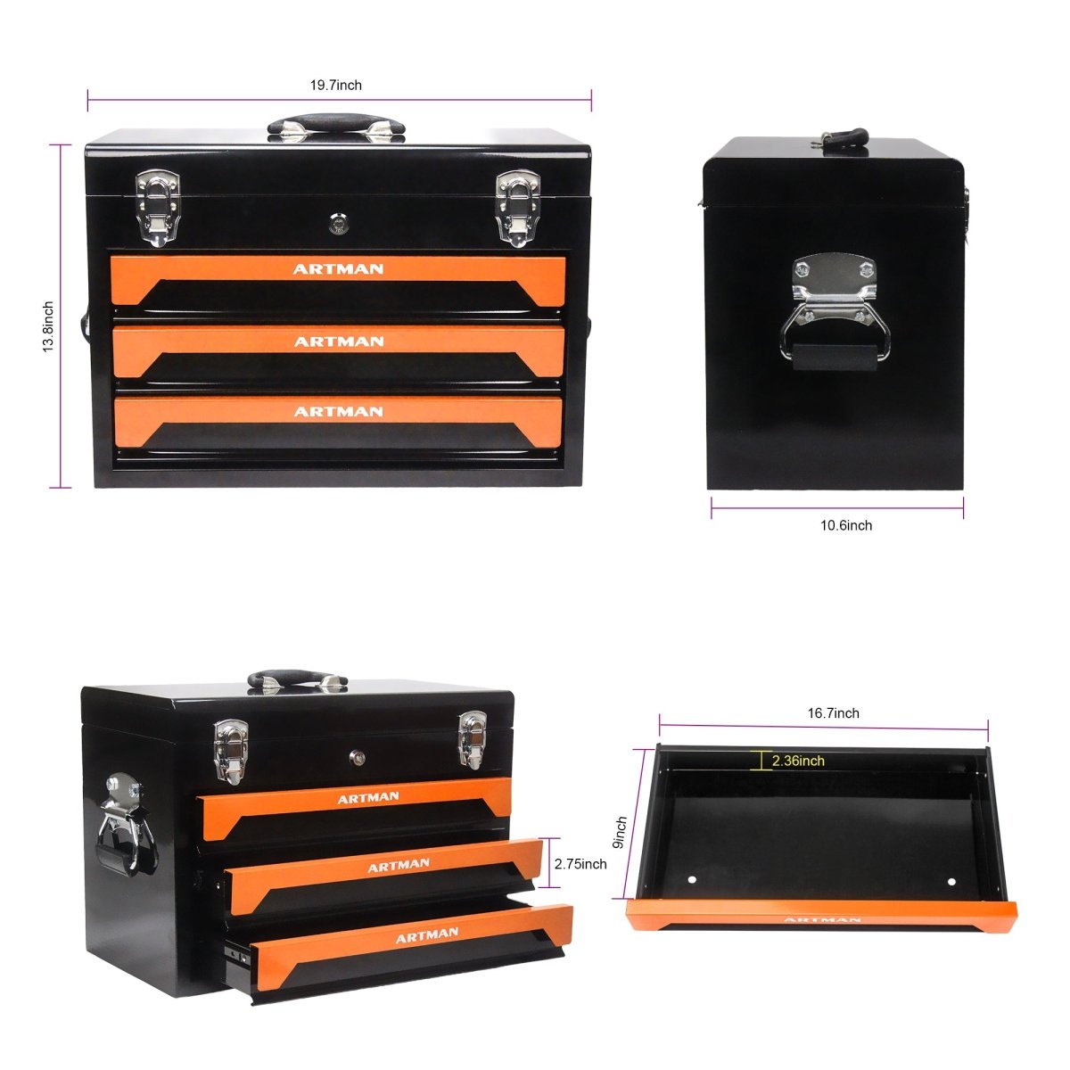 20'' Portable 3 - Drawer Steel Toolbox, 4 Layers of Tools with Metal Latches, with Top Storage Tray and carrying Handle, Multi - Function Tool Storage for Garage, Home, or Workbench ,Black&Orange - HomeDIYer