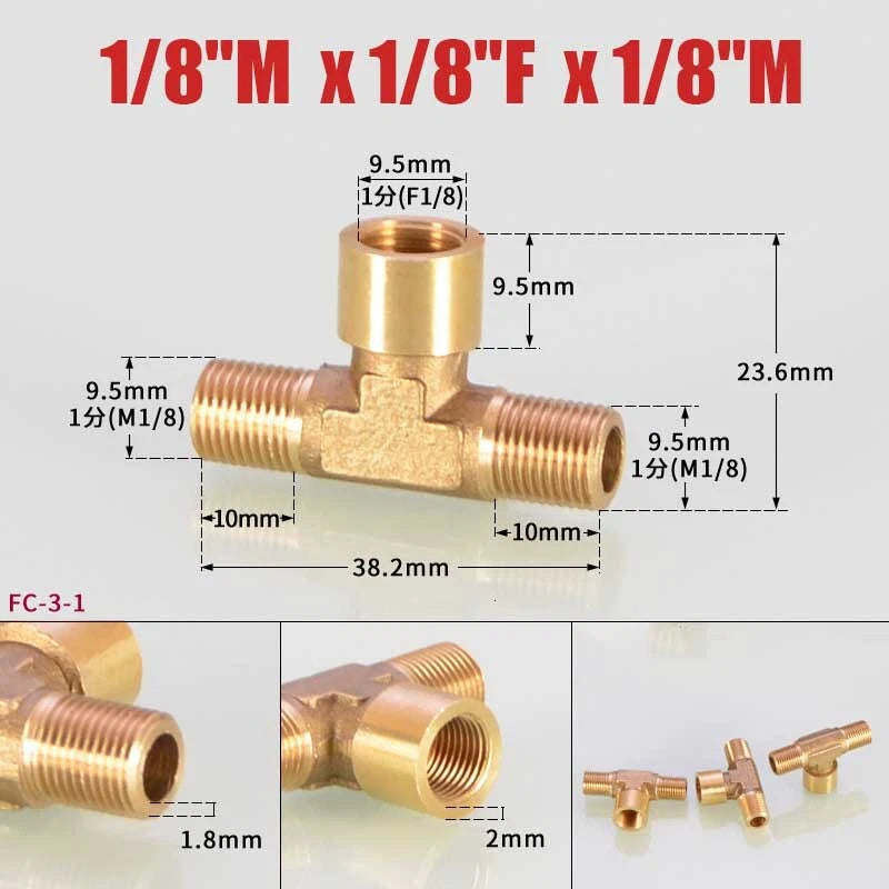 Brass BSP Tee Fitting 1/8" 1/4" 3/8" — Male Female Thread Pipe Connector