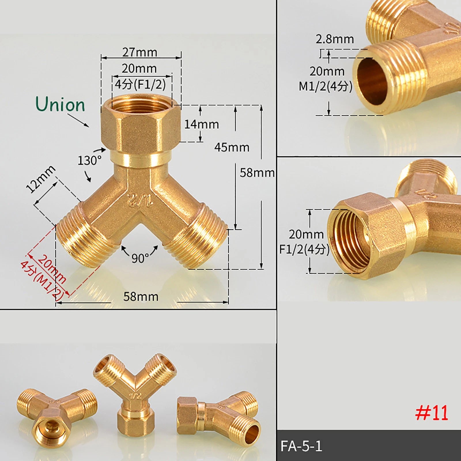 Brass BSP Tee Fittings — Y-Tee & Straight Tee Water Diverter Valves, 1/4" to 1/2"