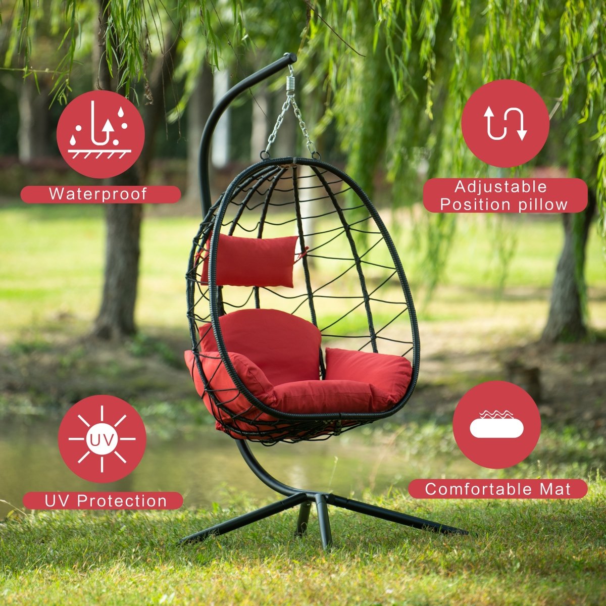 Red Egg Chair with Stand - All - Weather Hanging Wicker Swing Chair - HomeDIYer