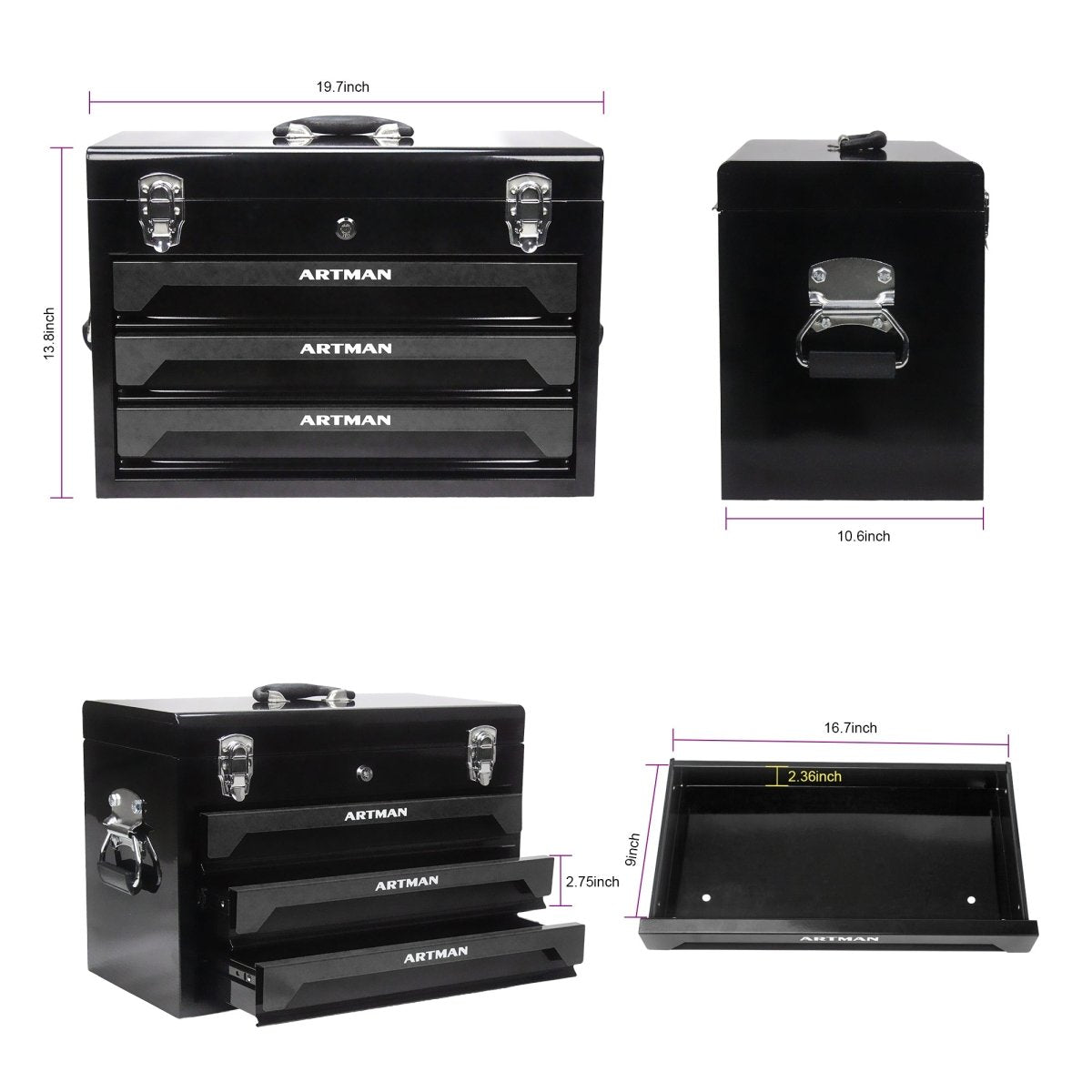 20'' Portable 3 - Drawer Steel Toolbox, 4 Layers of Tools with Metal Latches, with Top Storage Tray and carrying Handle, Multi - Function Tool Storage for Garage, Home, or Workbench,Black - HomeDIYer
