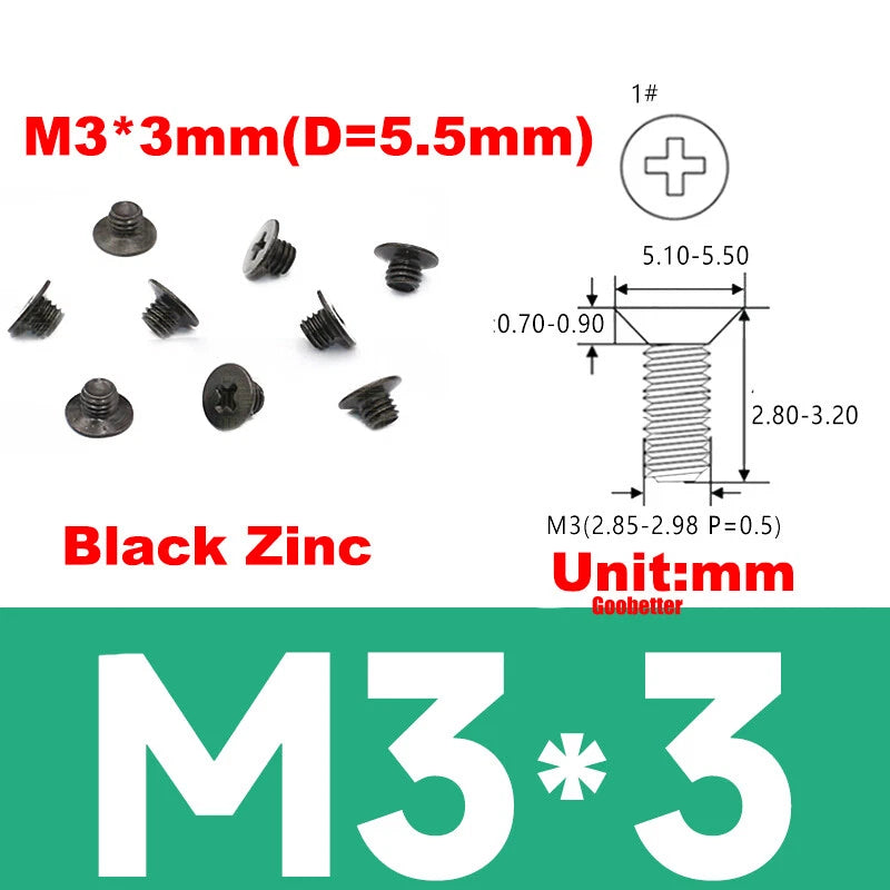 KM3 Phillips Countersunk Machine Screws – M3 x 3–18mm, Carbon or 304 Stainless, Multiple Finishes (Cross Flat Head)