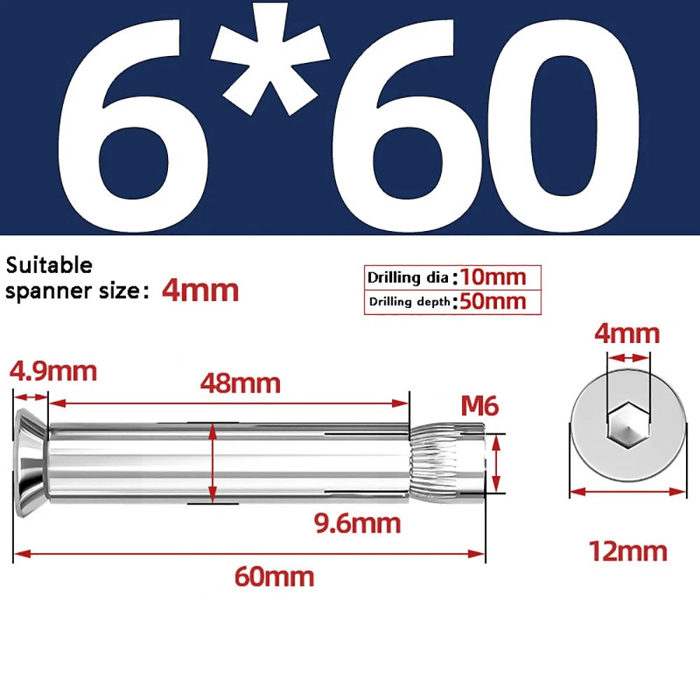 M6–M12 Countersunk Hex Socket Expansion Bolts — 304 & 201 Stainless Steel, A-Type & B-Type