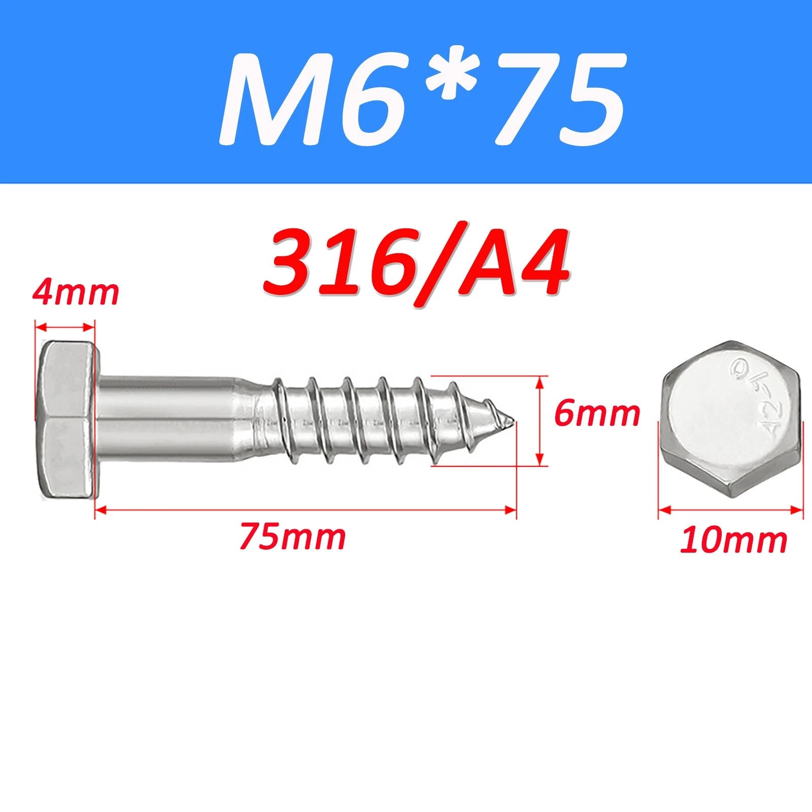 316 Stainless Steel Hex Head Lag Screws Marine Grade Wood Lag Bolts A4 Rustproof