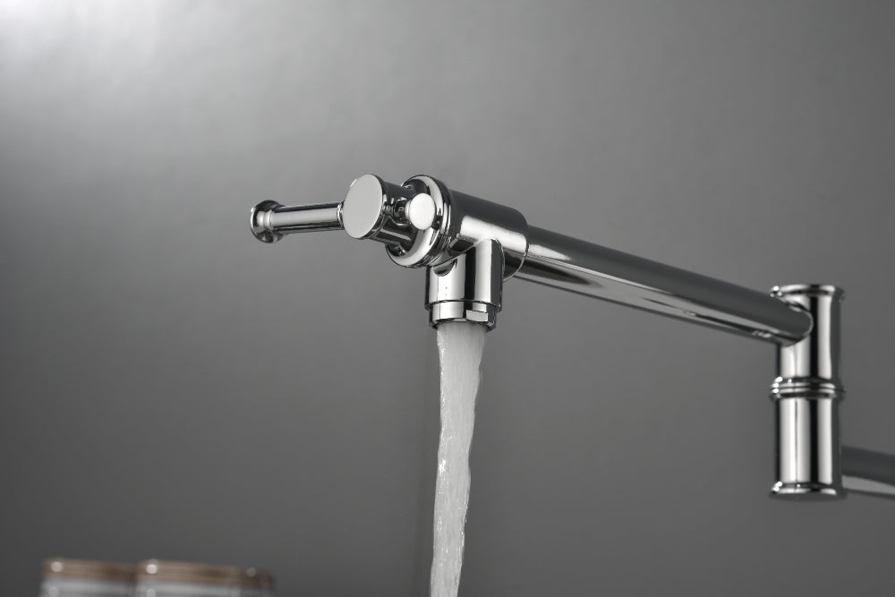 Wall Mounted Pot Filler Faucet – Chrome, Two-Attachment Folding Swing Arm, Dual Handle, Solid Brass