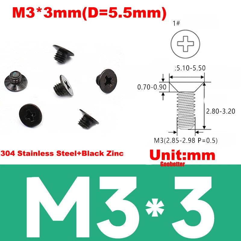 KM3 Phillips Countersunk Machine Screws – M3 x 3–18mm, Carbon or 304 Stainless, Multiple Finishes (Cross Flat Head)