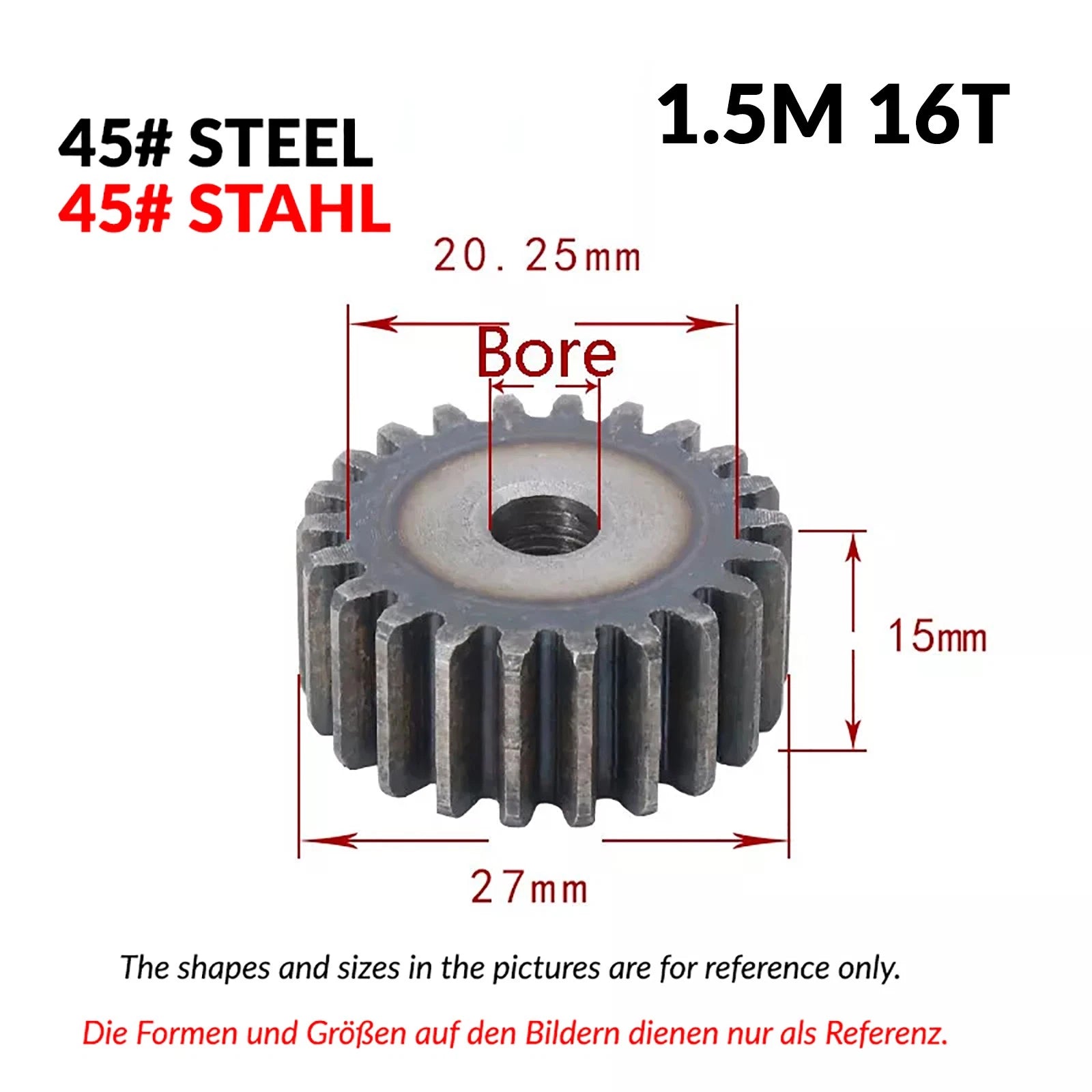 1.5 Mod 12/13/14/15/16/17/18/20-120T 45# Spur Gear Thickn 15mm Transmission Gear